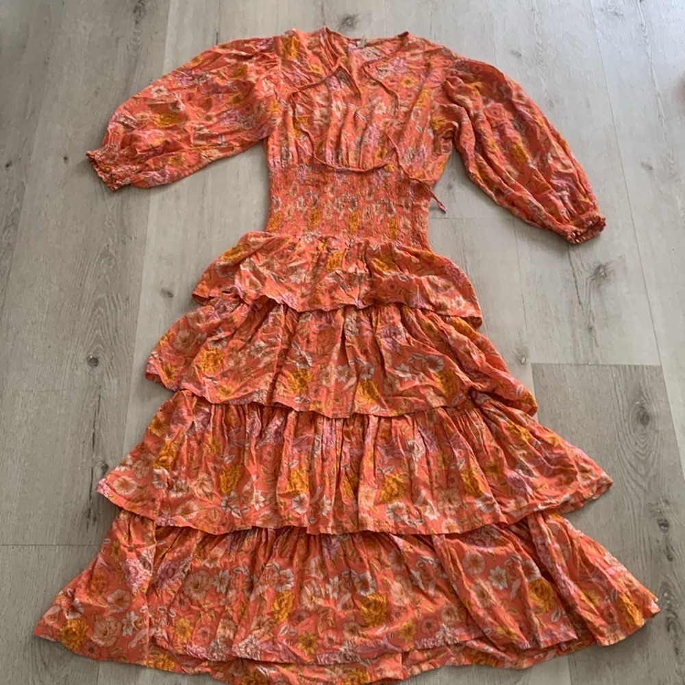 ELF Wrap Dress made by hand Size L birds Floral print ruffle smocked waist tie - Picture 16 of 16